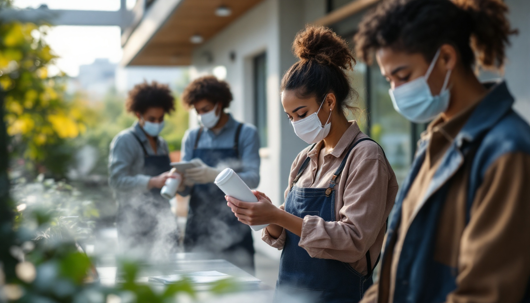 Masked horticulture workers in denim aprons inspect spray bottles on an outdoor workstation amid rising mist